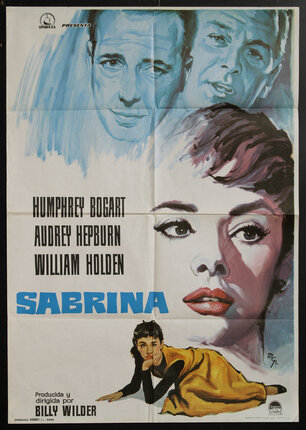 movie poster with illustrated portraits of Humphrey Bogart, William Holden (at top) and Audrey Hepburn (center). And another image of Hepburn crouched on the floor at the bottom.