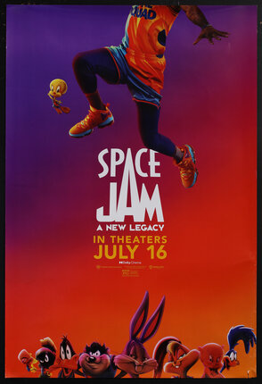 A poster of the legs and torso of a basketball player jumping in the air and the cartoon character Tweety Bird next to him. The rest of the looney toon characters are at the bottom.