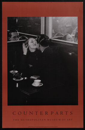 poster with black and white photograph of a man and woman about to kiss in a cafe booth