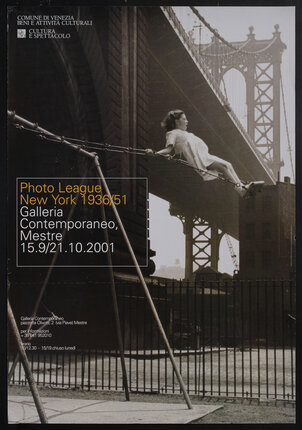 poster with a black and white photograph with a girl on a swing in a playground with the Brooklyn bridge in a distance