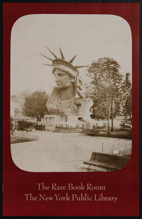 poster with a vintage sepia photograph of an incomplete head and neck of the Statue of Liberty on display at a park