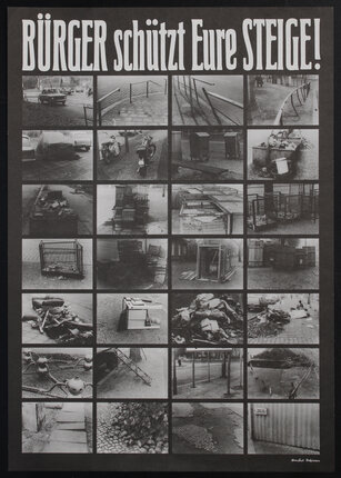 poster with seven rows and four columns of images debris on sidewalks