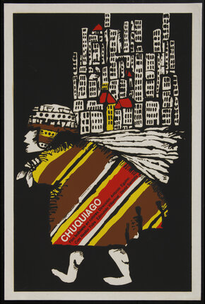 a poster with an indigenous person carrying a city on their back