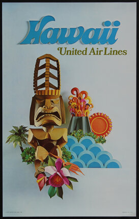 a poster with an abstract sculpture statue of an Hawaiian deity with flowers, sun, and volcano 