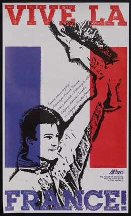 Poster with a French Flag and a man holding up a bouquet of flowers.