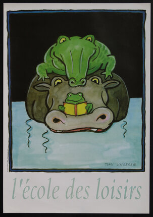 a poster with a frog reading a with an alligator both of whom sit on top of a hippopotamus in water