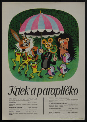 a poster with a cartoon mole holding an umbrella surrounded by other animals.