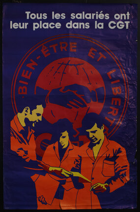 poster with an illustration of three workers in orange uniforms looking at a document with a large CGT handshake and globe logo behind them.