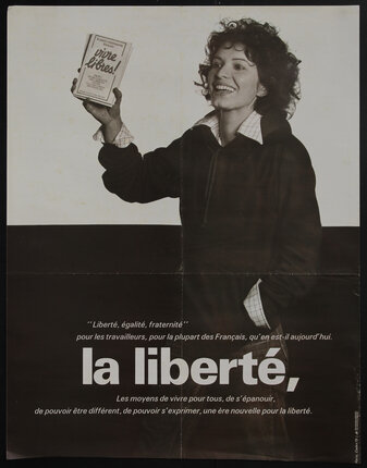 poster with a woman holding up a communist pamphlet