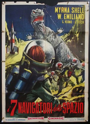 a movie poster with a dinosaur and a person in space