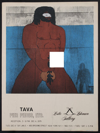 poster of a mural of a nude man with a mask on holding his penis (with a censored bar).