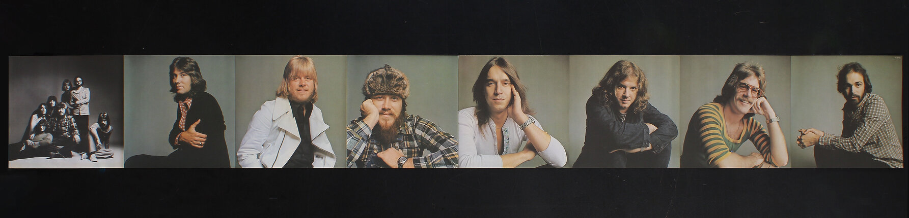 poster with the photographic portraits of 7 men and a group band photo