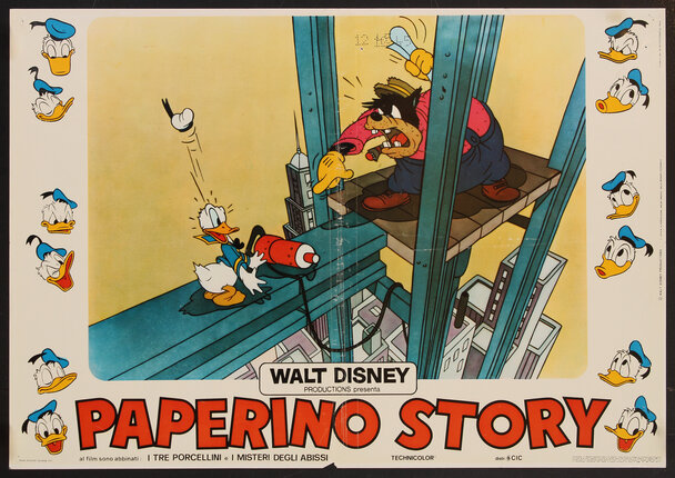 a poster of a cartoon duck on construction i-beam scaffolding and a dog yelling at him