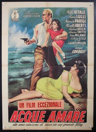a movie poster with a man holding a gun and a woman lying on the beach