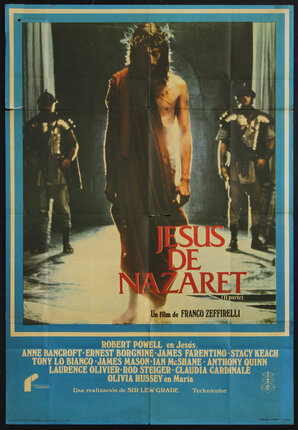 movie poster of a man (Jesus Christ) walking with his head down wearing a crown of thorns. Two Roman guards are behind him.