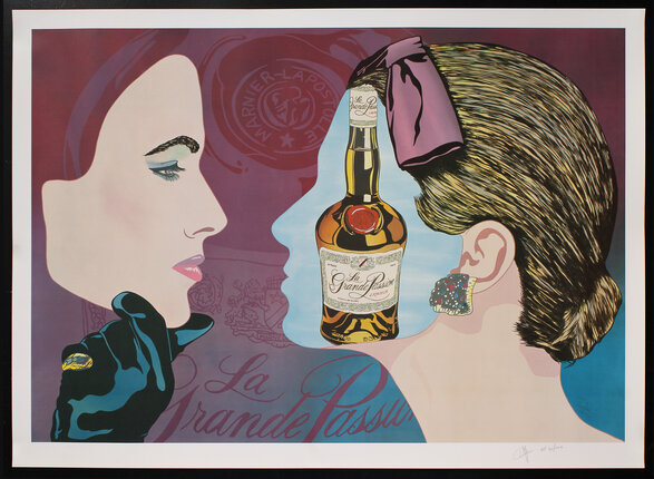 a surreal poster with an illustration of a woman removing her face (like a mask) to reveal a Liqueur bottle.
