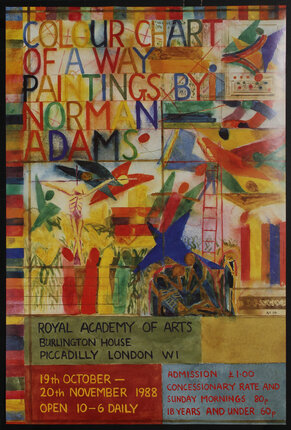 poster with a painting of  blocks of color and expressive abstract figures 