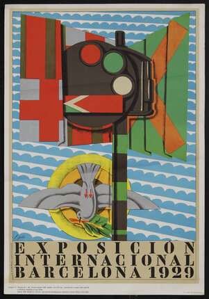 a abstract poster of street lights, flags and a dove