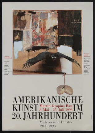 Poster with a painting of a black crow in front of a wall of paint splatters, posters, photos and various other art