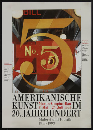 Poster with a painting of the number 5 repeated backwards in a diminishing perspective, creating a sense of depth