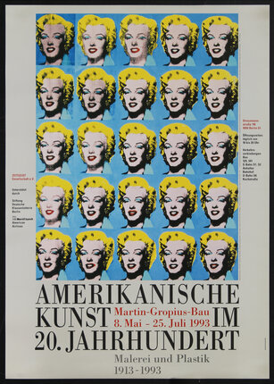 Poster with a painting of 25 Marilyn Monroe portraits repeated forming a grid of 5 rows and 5 columns.