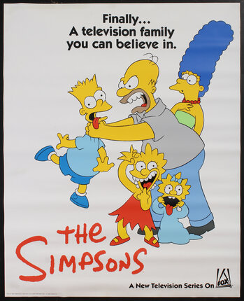 poster with a cartoon family: the father is strangling the son, the mother with big blue hair clutches her pearls, the two young daughters make faces