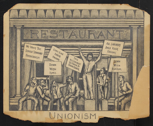 pencil drawing of men with picket signs in front of a restaurant 