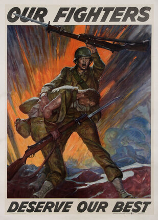 a poster of a soldier holding a gun and another injured soldier with an explosion in the background