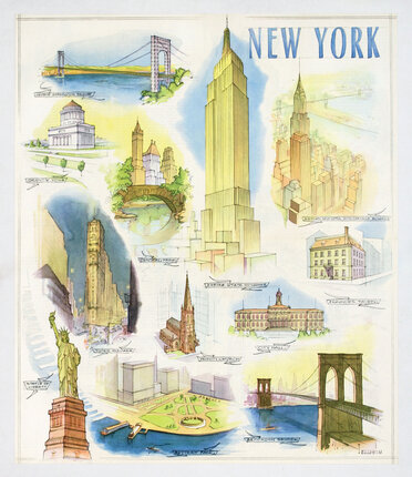a poster with illustrated vignettes of New York City landmarks