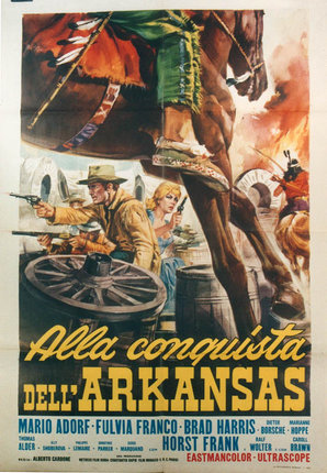 a poster of a cowboy with a horse and a man pointing guns