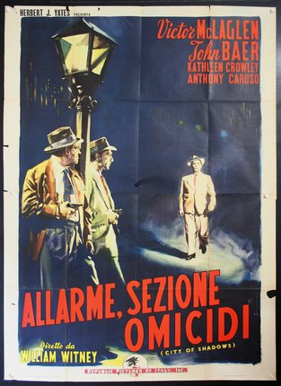 a movie poster with a lamp post and men walking