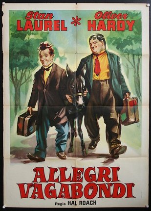 a poster of two men holding suitcases and a horse