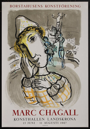 a poster of an abstract water color painting of a clown in circus