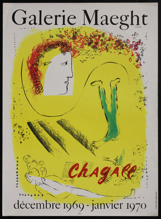 a poster with abstract images of a face and an upside-down body with yellow background