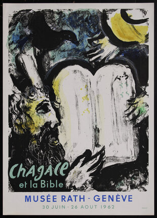 a poster with abstract images of a face holding two stone tablets