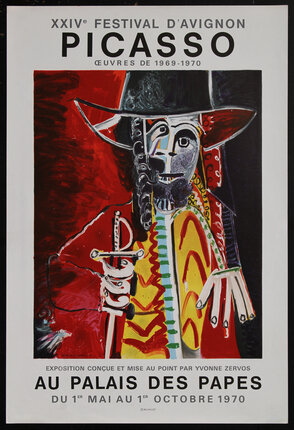 poster with abstract painting of a man wearing a hat and holding a sword