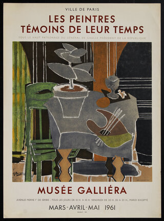 poster with an abstract still life of a potted plant on a table with a painter's palette