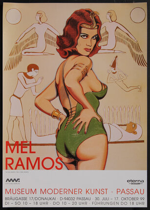 poster of a pin-up illustration of a woman standing in green lingerie looking over her shoulder with hieroglyphics behind her