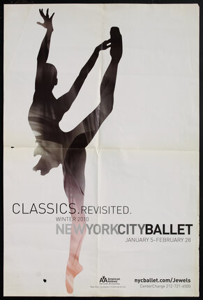 a poster for a ballet performance with a ballet dancer in silhouette 