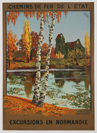 a poster birch trees on a pond with a cottage in the distance