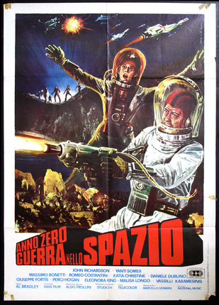 a movie poster of a man in space suit shooting a gun