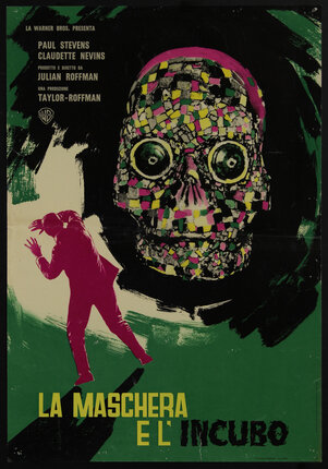 movie poster with a giant skull with goggly eyes decorated with colorful mosaic tiles and a man standing in front of it while shielding his eyes