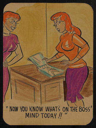 Gag cartoon panel for a men's magazine with two women looking at a memo on a desk with a naked woman and a caption that reads: 