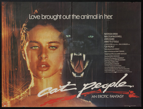 movie poster of a woman in rain with eerie green cat eyes and a black panther with an open jaw lurking in the shadows behind her with a tagline that reads: 