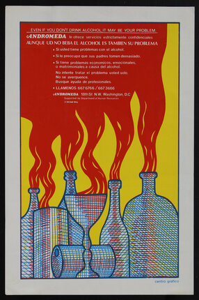 poster with an illustration of bottles and glasses emitting sinuous streams of upward flowing flames or liquid.