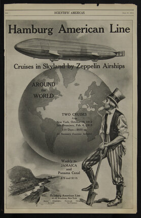 a poster of Uncle Sam with a shovel looking up at a Zepplin Airship and a giant globe in the background