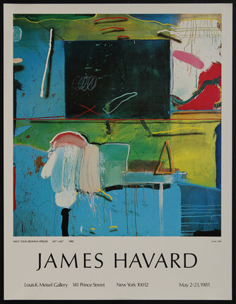 a poster with an abstract painting with a large dark rectangle and various colorful paint strokes and shapes