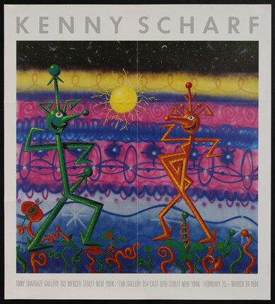 poster with two dancing abstract 3D  cartoon stick people with a sunny globe with spindly branches between them and psychedelic patterns in the background 