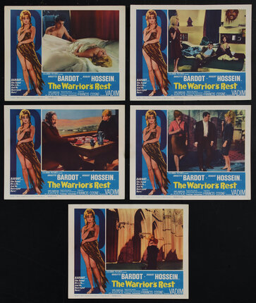 5 lobby cards with different film scenes and each with a repeated image of a woman wrapped in a blanket