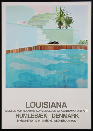 Art Poster with a painting of shoes by a swimming pool and steps and palm trees in the background